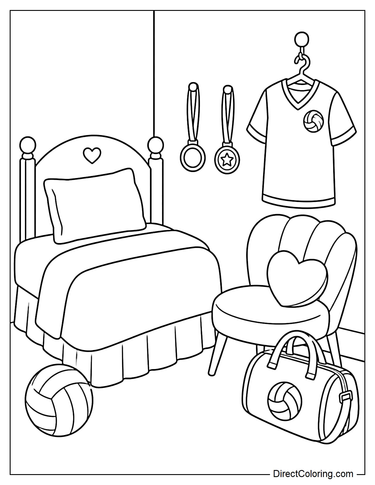 A corner of a volleyball-loving girl's bedroom, with a volleyball beside the bed, a sports jersey hanging on a hook, a small medal displayed on the wall, and a training bag beside a chair.