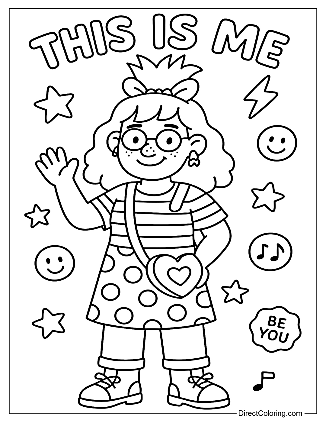 Coloring page of a girl with an appearance that does not follow the traditional beauty standards - a personality, quirky but friendly and lovable style.