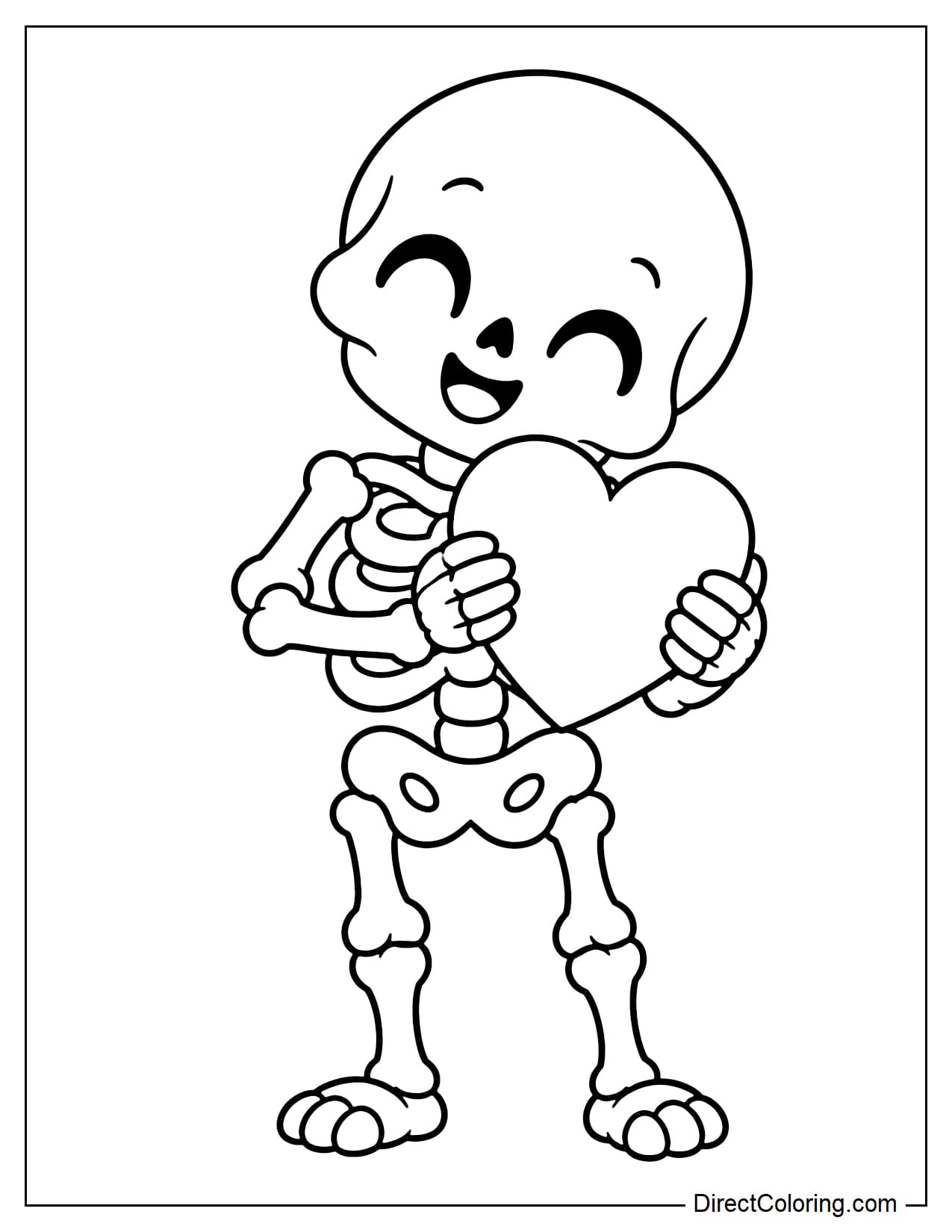 A small cute skeleton gently holds a tiny heart in both hands in front of its rib cage, with its head slightly tilted in a sweet, cheerful pose.