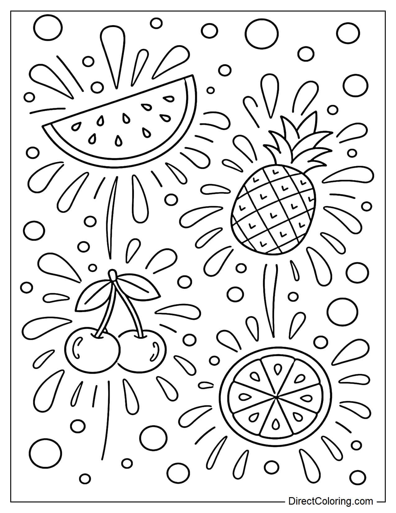 These creative fireworks displays feature slices of watermelon, pineapple, cherry, and orange that radiate like fireworks, surrounded by large dots and sparks.