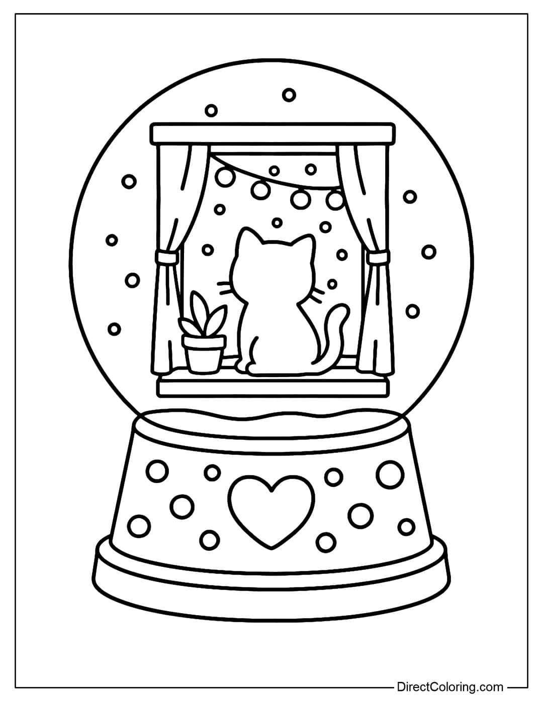 snow globe coloring page shows a kitten sitting on a windowsill looking out at the snow, with a small potted plant and string lights beside it.