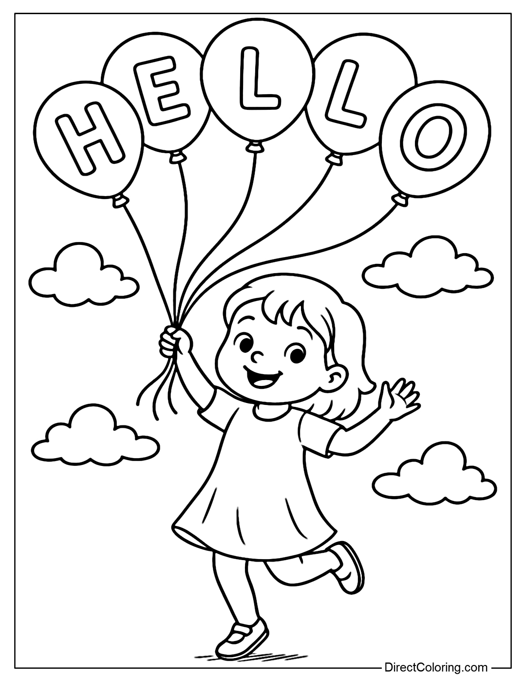 Coloring page of a child holding balloons with the word 