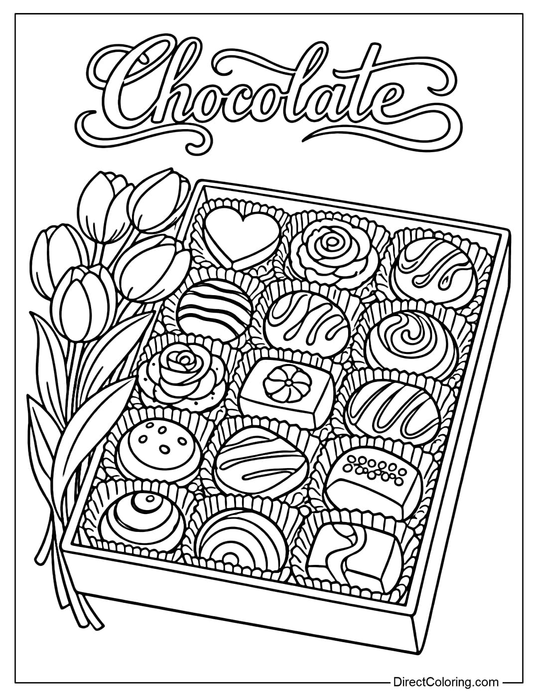coloring page features a rectangular chocolate box filled with various shaped chocolates, adorned with a bouquet of tulips, and the word 