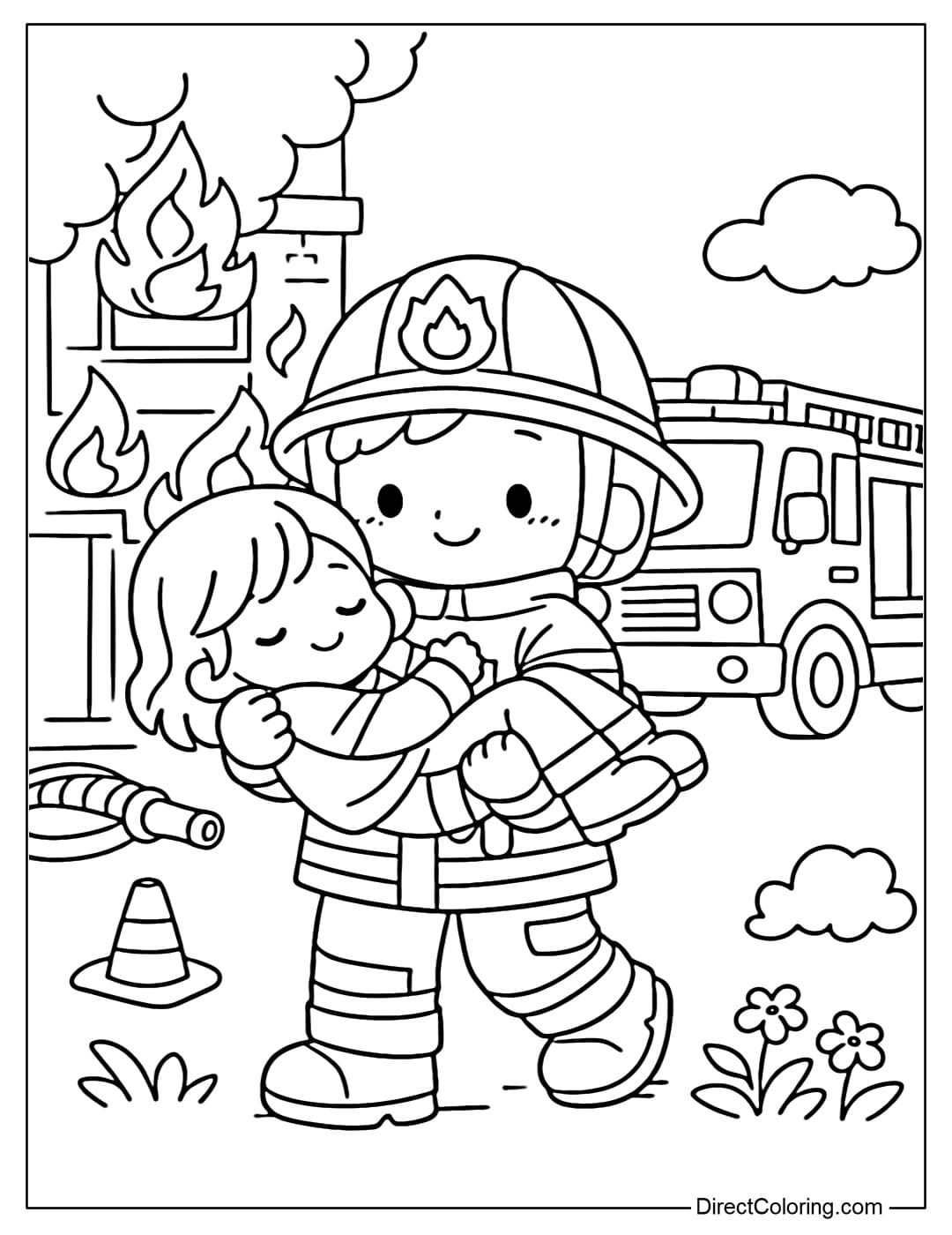 Coloring page of a firefighter carrying a person out of a fire.