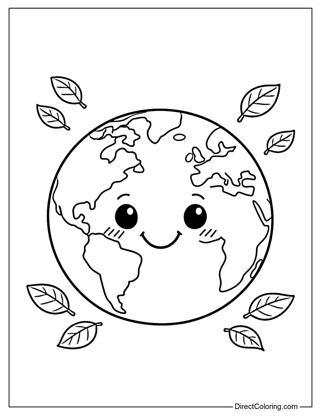 A coloring page featuring a large, round Earth with a friendly smiley face and a few small leaves around it.