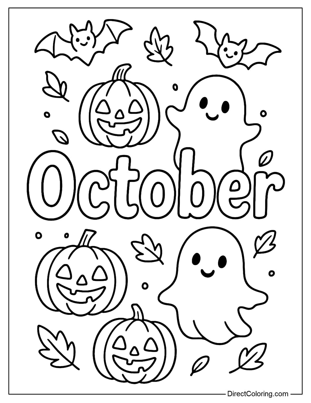 An artistic October coloring page with rounded letters, surrounded by smiling pumpkins, cute little ghosts and little bats.