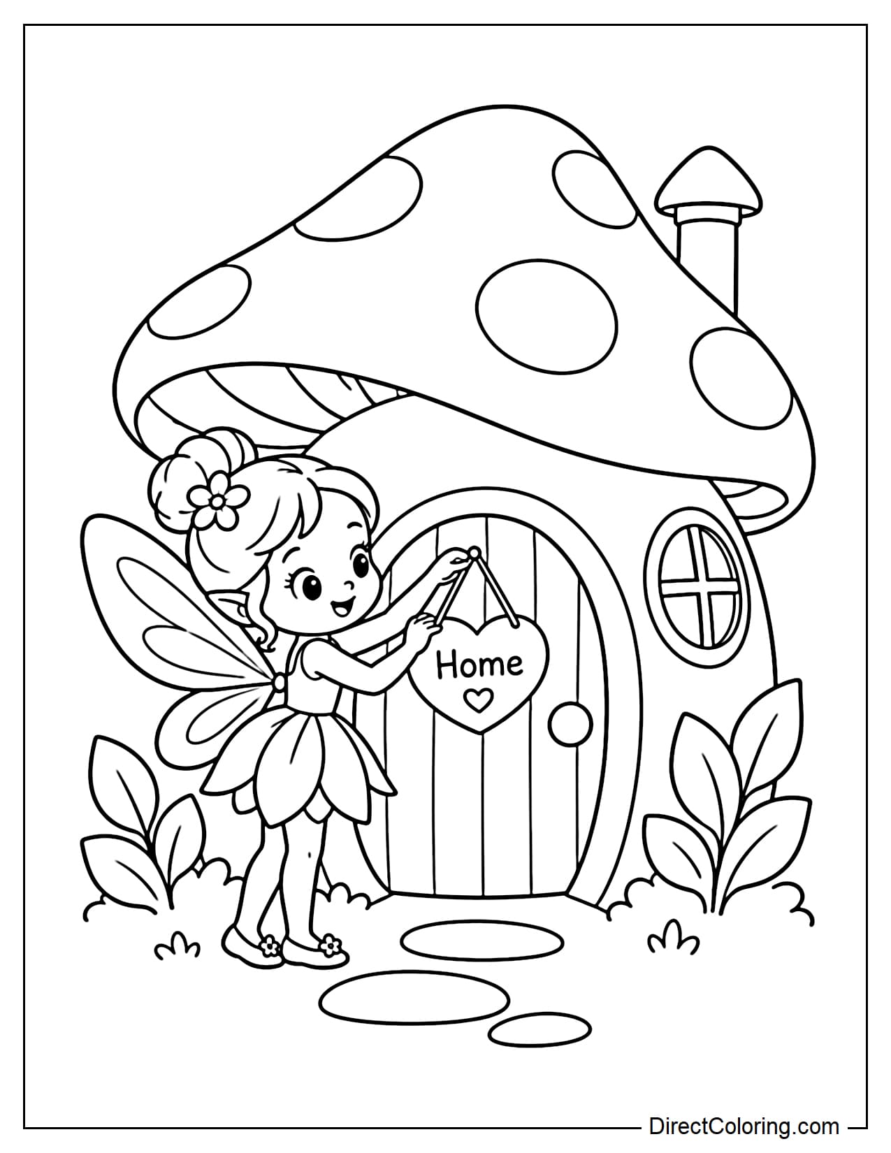 A fairy is hanging a cute name sign in front of a mushroom house with a large mushroom cap roof and a round door.
