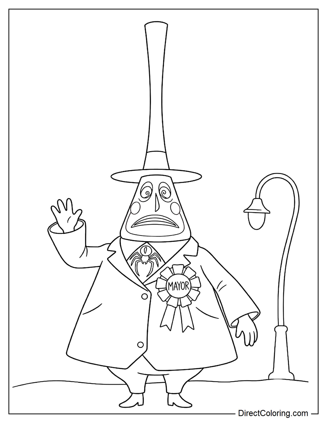 The Mayor of Halloween Town standing in his signature tall hat and large bow tie, raising one hand to wave, with a streetlamp beside him.
