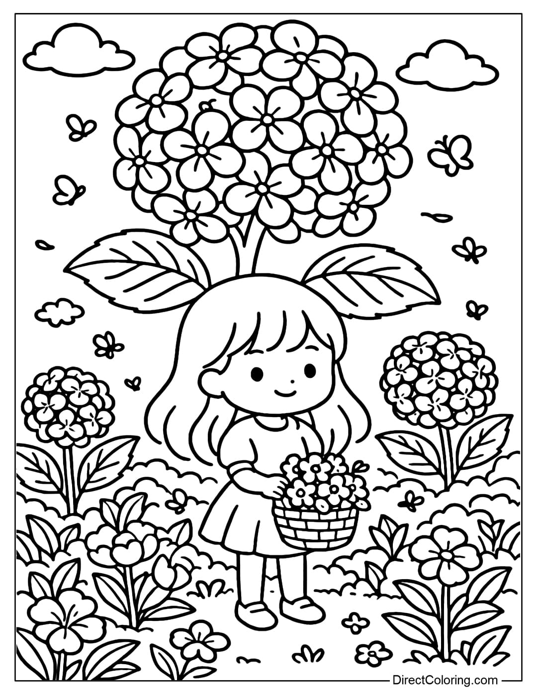 Coloring page of a little girl standing under a giant hydrangea flower cluster, holding a flower basket in her hand.