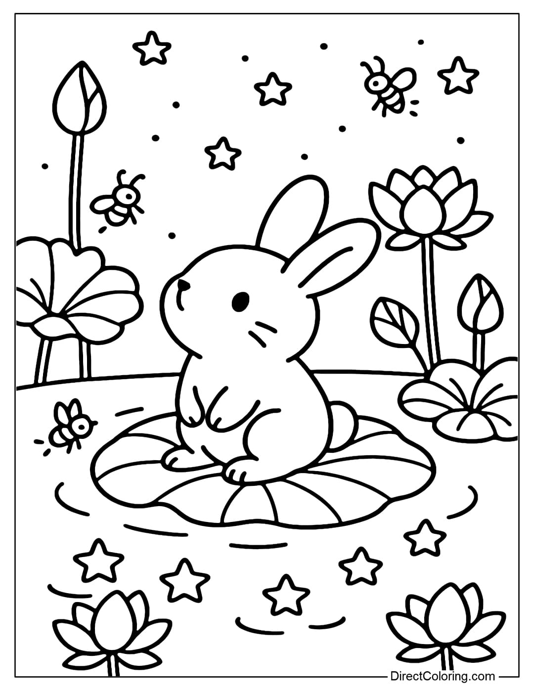 A coloring page of a little rabbit sitting on a lotus leaf in the middle of a lake, looking up at the stars, surrounded by lotus flowers and flying fireflies.