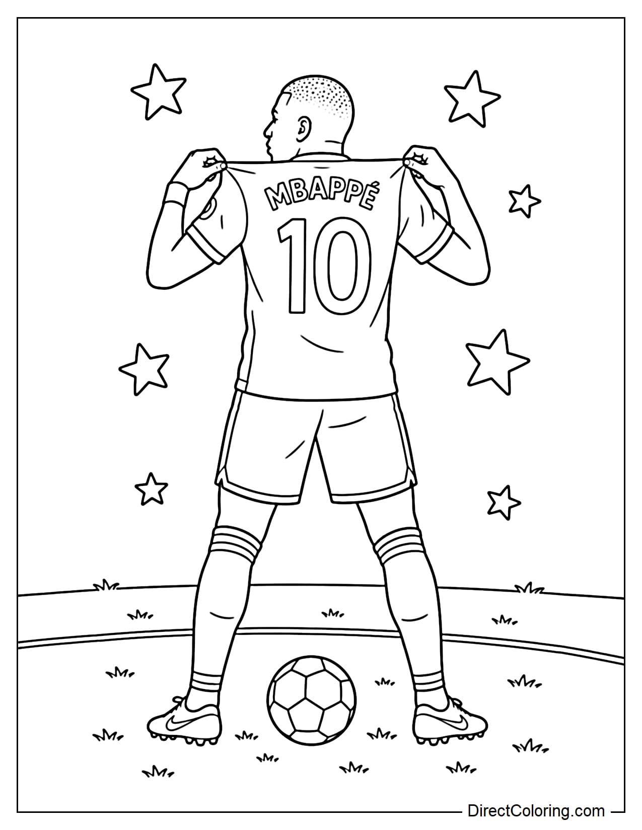 Kylian Mbappé stands with his back to the goal, gently pulling his jersey to highlight the number 10 on his back, a familiar pose after scoring a goal.