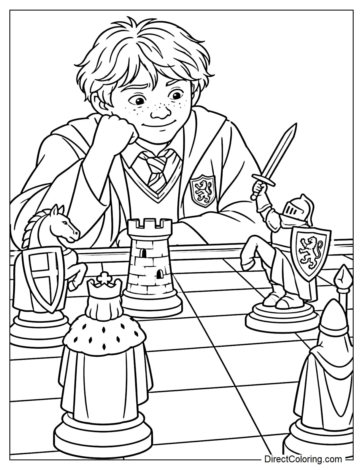 Ron Weasley is sitting in front of a large wizard chessboard, carefully watching the magical chess pieces shaped like knights, castles, and a king.