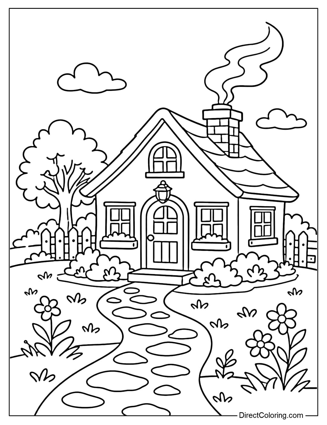 Coloring page of a small house with a chimney and gently rising smoke, creating a warm feeling.