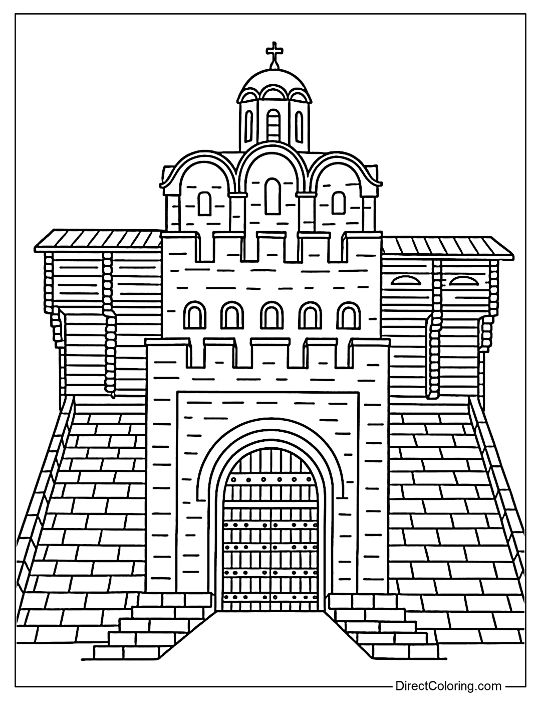 Golden Gate of Kyiv coloring page with stone walls, wooden gates and watchtowers.