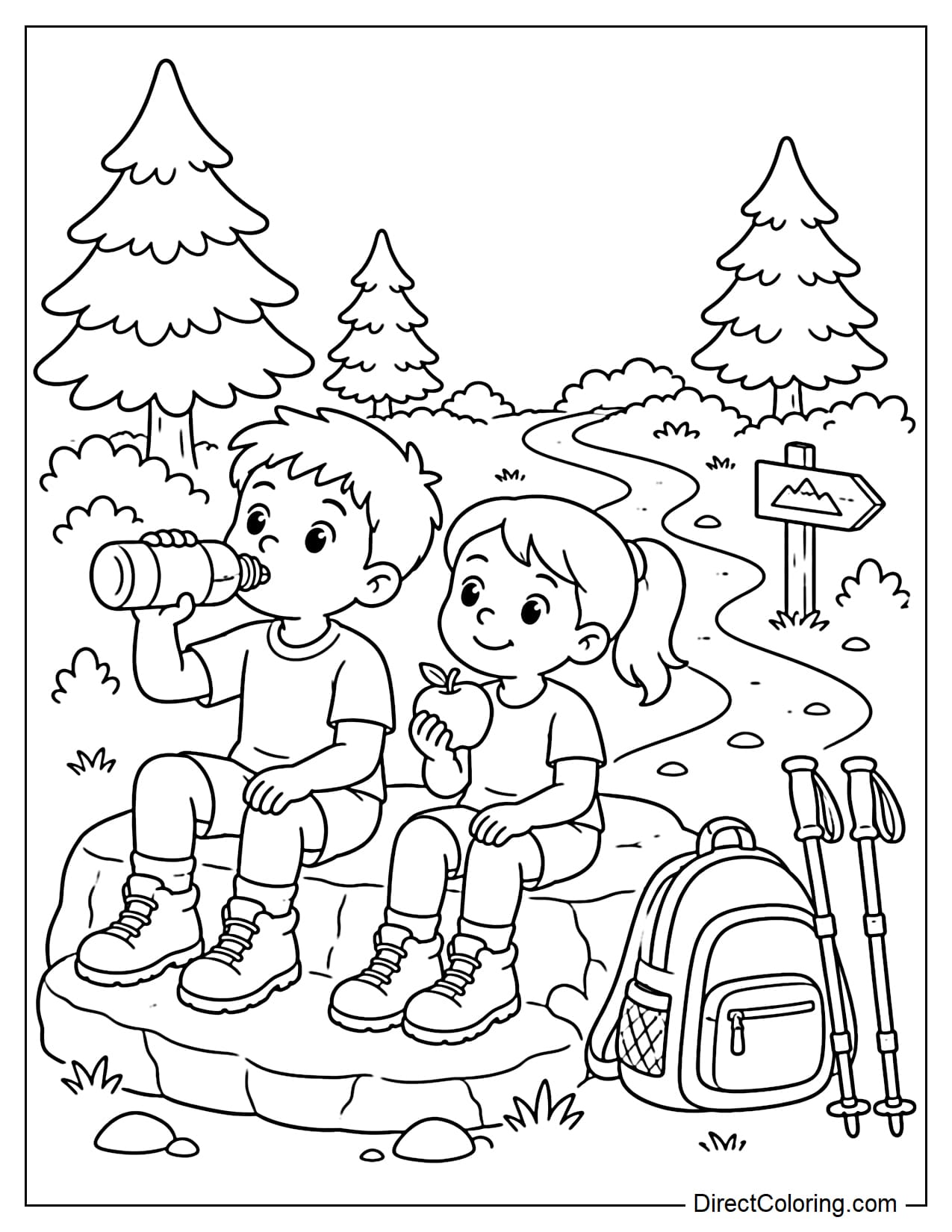 Two children sit resting on a flat rock, one drinking water and the other holding an apple. Backpacks and trekking poles are placed beside them, with a trail and some forest trees behind them.