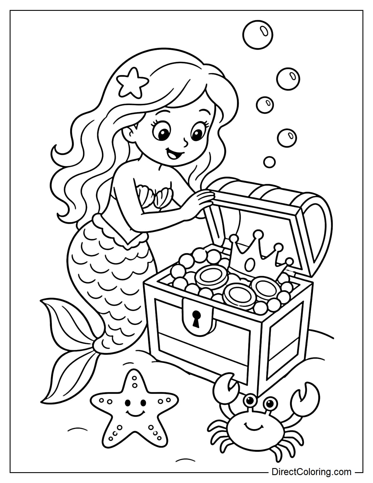 A mermaid is opening a treasure chest at the bottom of the sea, inside which are a large pearl, a large coin, and a crown. Beside her are a starfish, a small crab, and some bubbles.