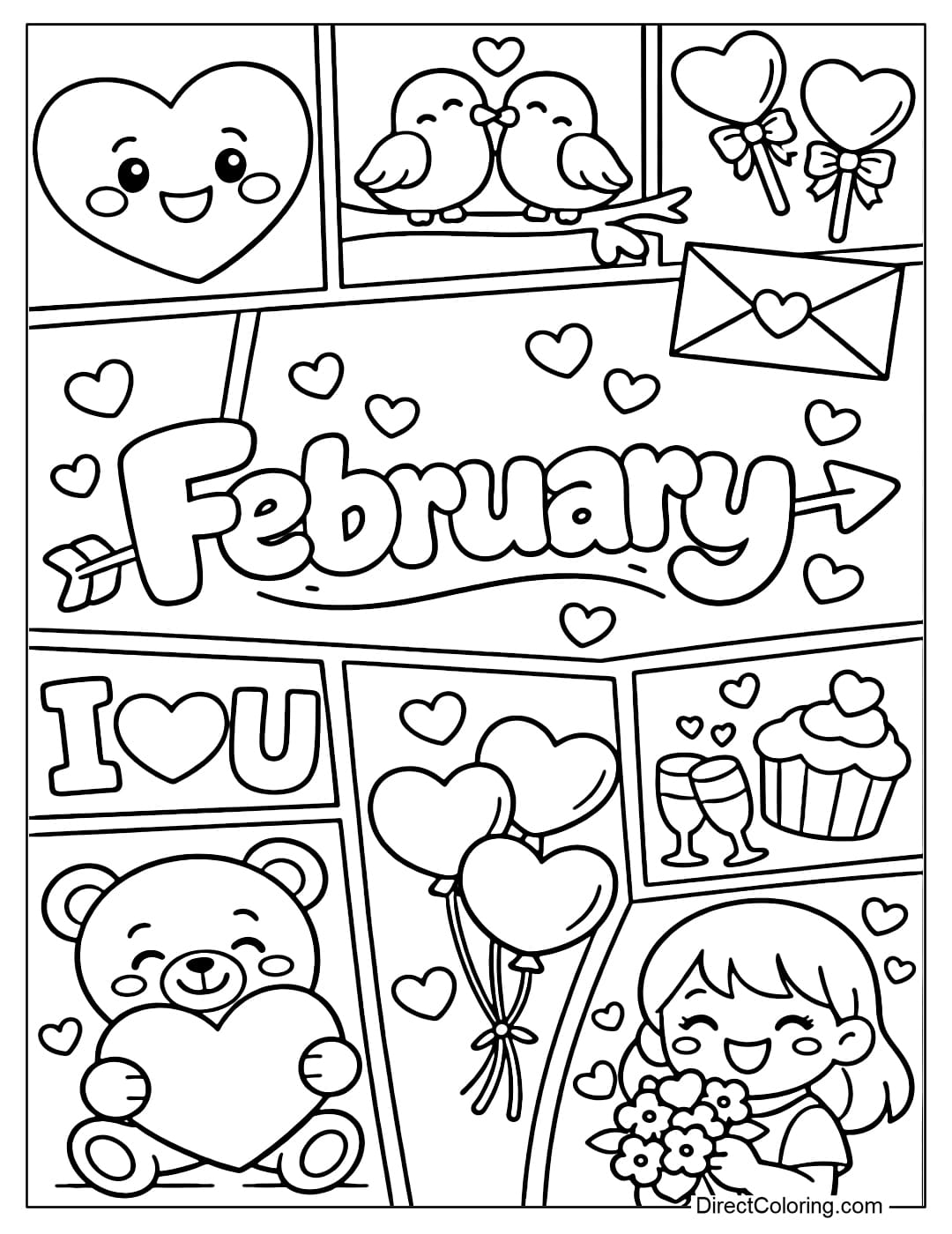 A coloring page with a layout of many small panels like a comic book, with the word 