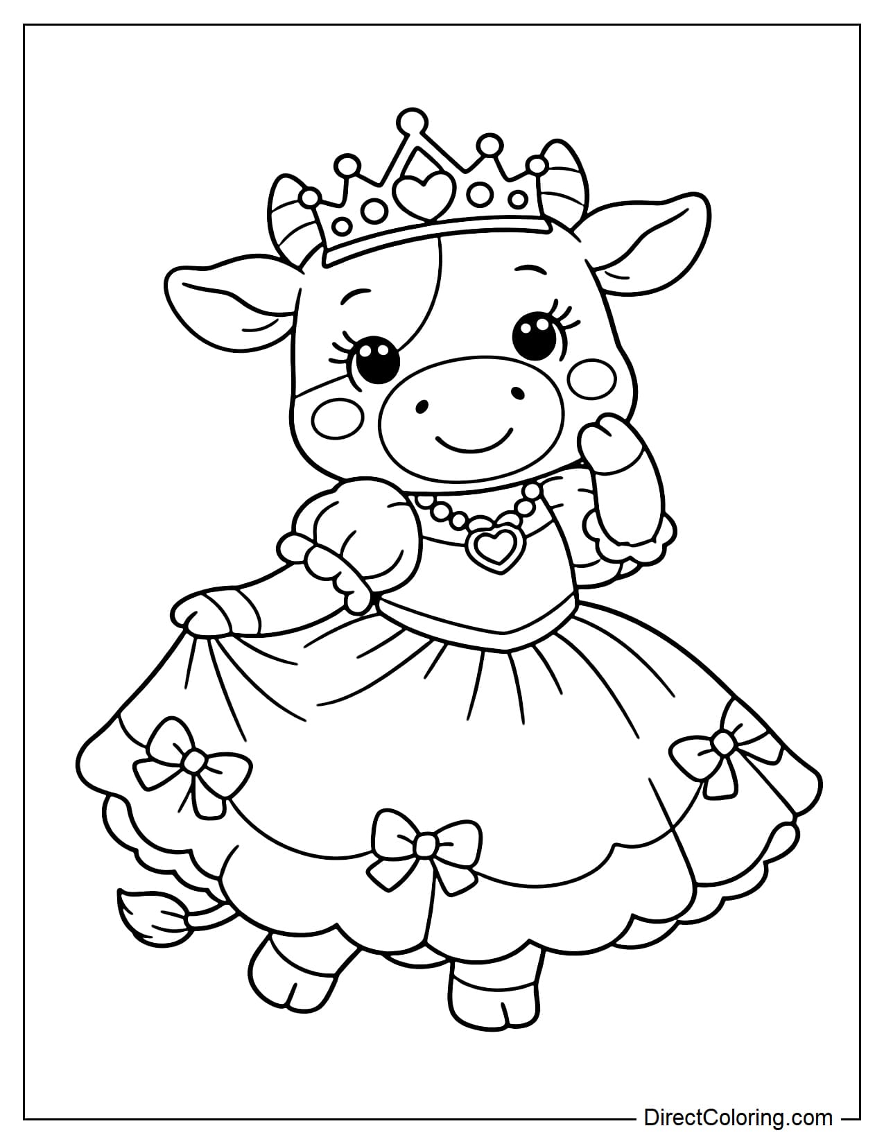 A cow is wearing a large flared dress and a crown, posing like a princess.