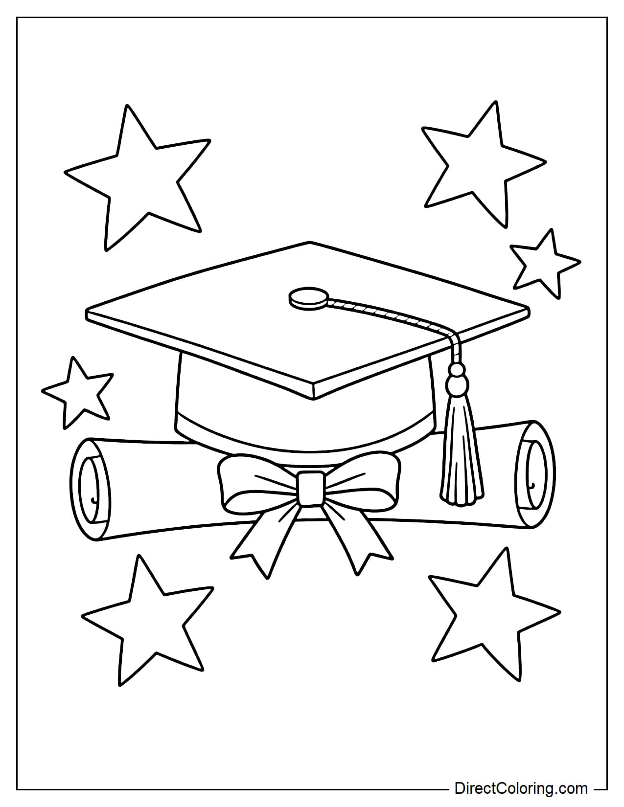A graduation cap placed on a diploma scroll, with several large stars surrounding it.