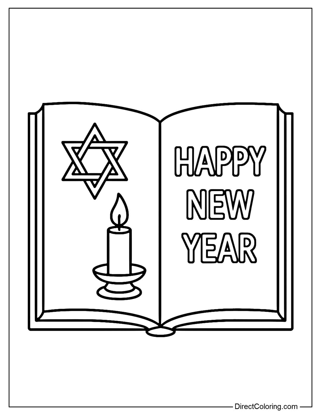 A coloring page of an open book with a New Year's wish written inside, decorated with candles and a star of David.