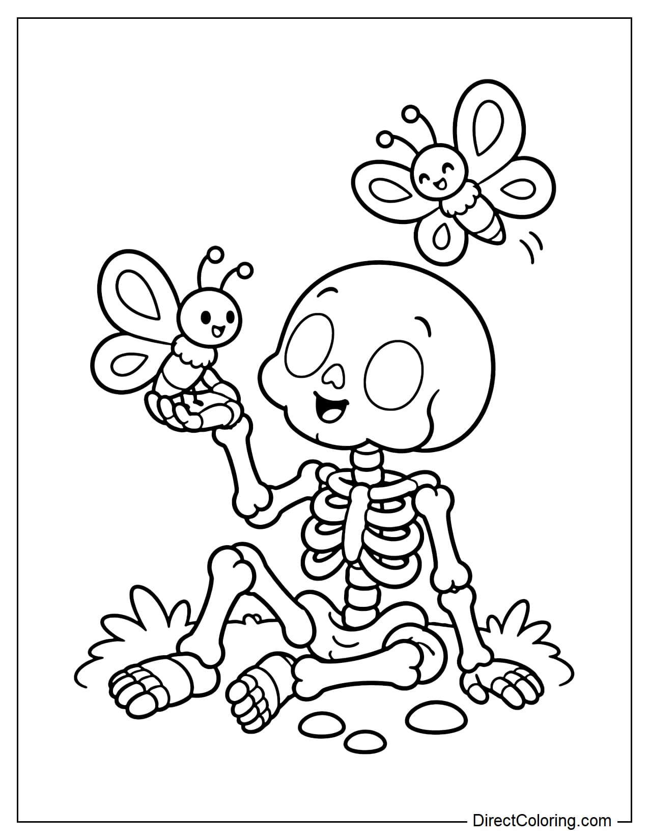 A small cute skeleton is sitting on the ground while two little moths flutter around it, with one moth resting on the skeleton's raised hand and the other flying close to its head.