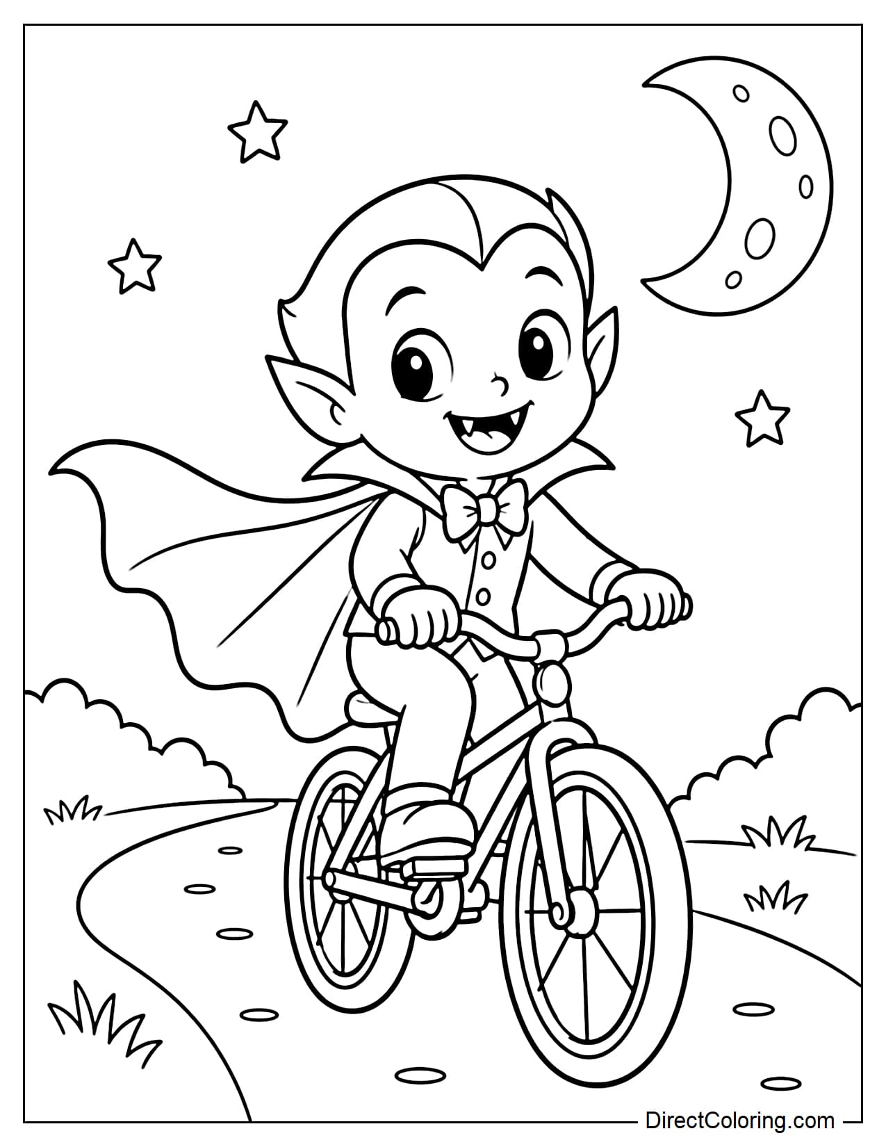 A cute vampire is riding a bicycle along a small road at night, with his cape flowing gently behind him and the moon and stars above.