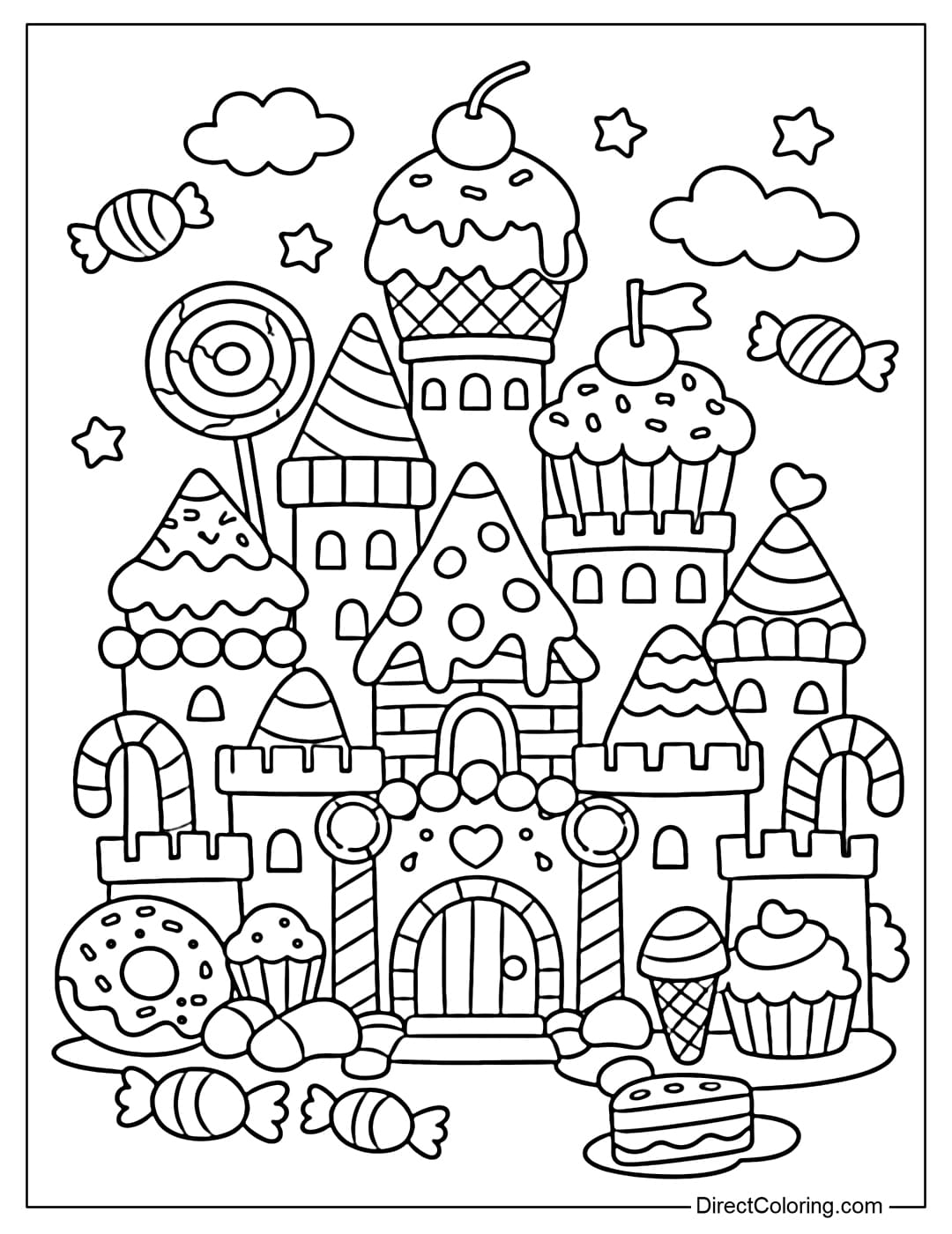 Coloring page of an imaginary castle made of candy with many sweet and cute shapes.
