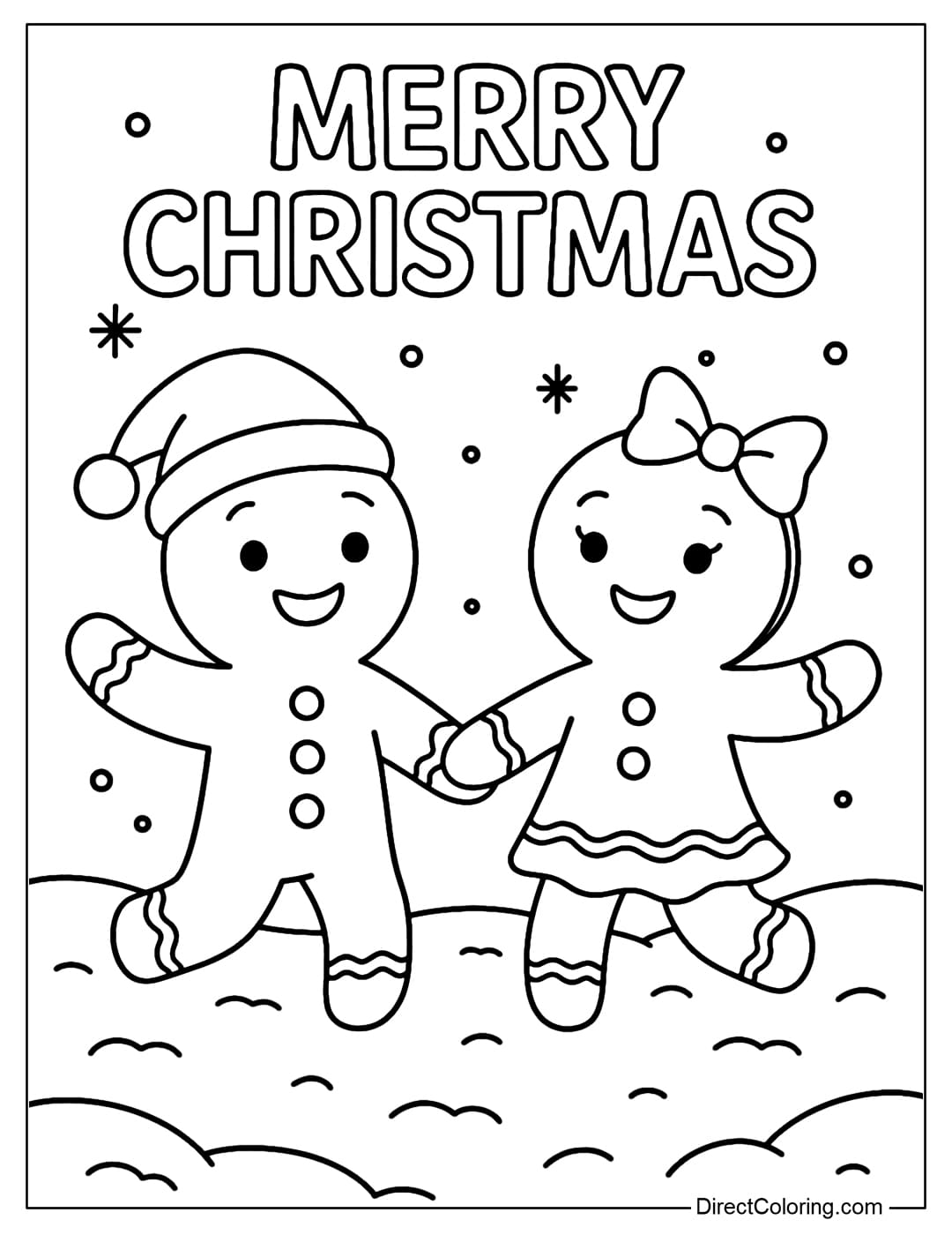 Coloring page of a pair of gingerbread men holding hands and dancing in the snow, with the words Merry Christmas written on it.