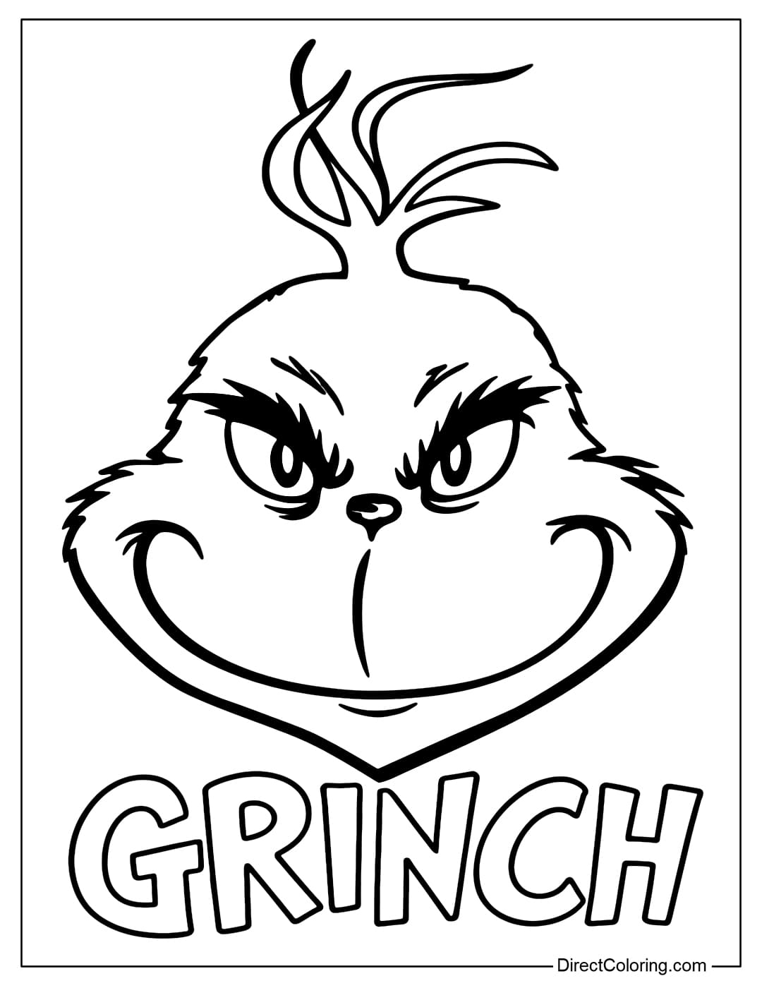 Close-up coloring page of Grinch's face with sharp eyes and a sly grin, with the word GRINCH below.