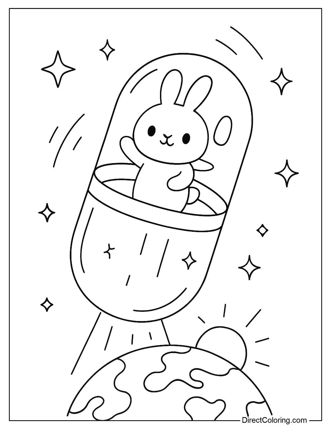 Coloring page of a capsule with an alien rabbit controlling a capsule-shaped flying saucer flying on a small planet, with rays of light shining down and sparkling stars
