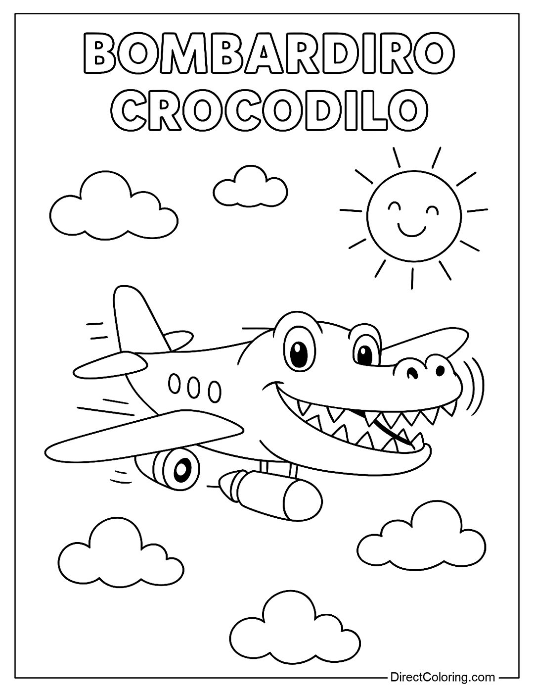 Bombardiro Crocodilo Coloring Page flying through a sunny sky, smiling, with white clouds and a cute sun around