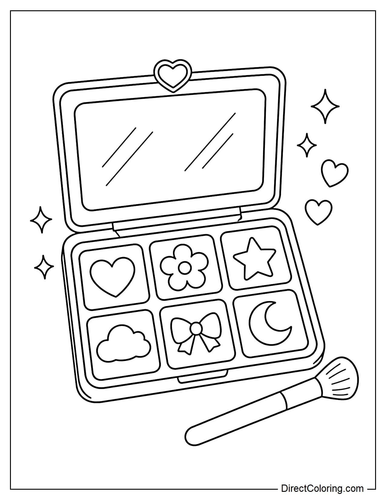 An open eyeshadow palette with six large pans, each featuring a simple symbol such as a heart, flower, star, or cloud, with a small brush placed beside it.