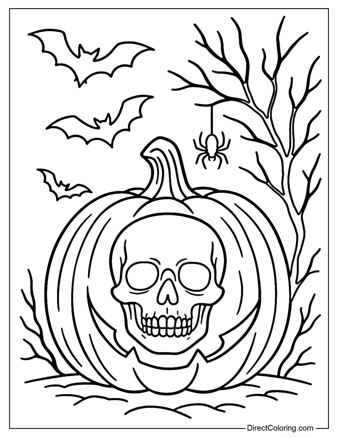 A skull coloring page in a glowing pumpkin, surrounded by bats, spider webs and dry trees, bringing a strong Halloween atmosphere.