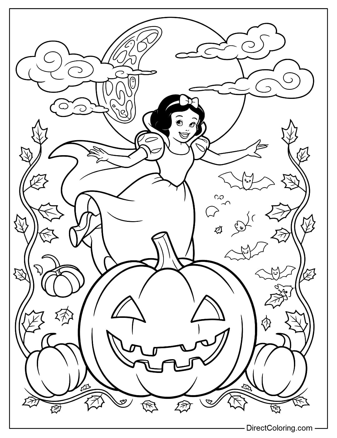 Snow White dancing around a giant pumpkin under the Halloween moonlight.