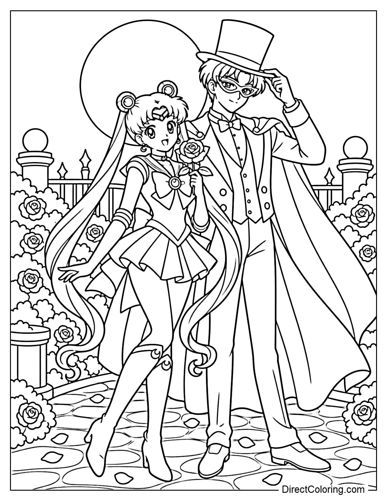 Sailor Moon (Usagi Tsukino) and Tuxedo Mask (Mamoru Chiba) stand side by side beneath a full moon. Sailor Moon holds a large rose, while Tuxedo Mask stands beside her with one hand gently holding the brim of his hat. Behind them are a large moon and a fence lined with flowering bushes.