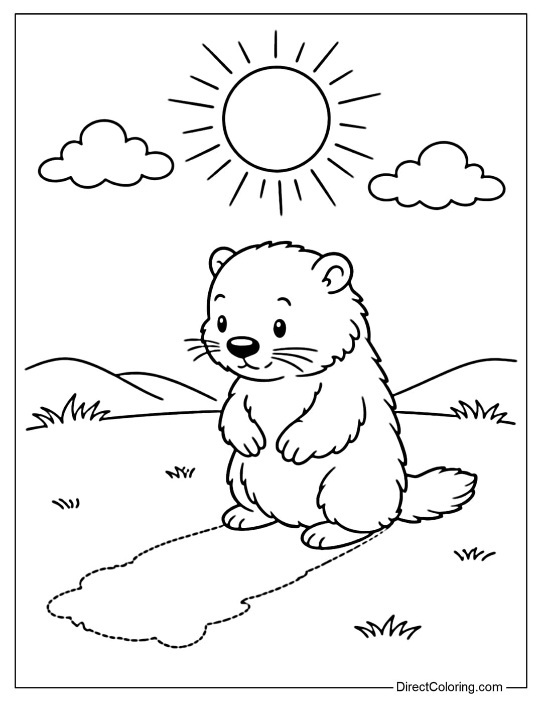 A coloring page of a groundhog looking at its own shadow in the sunlight.