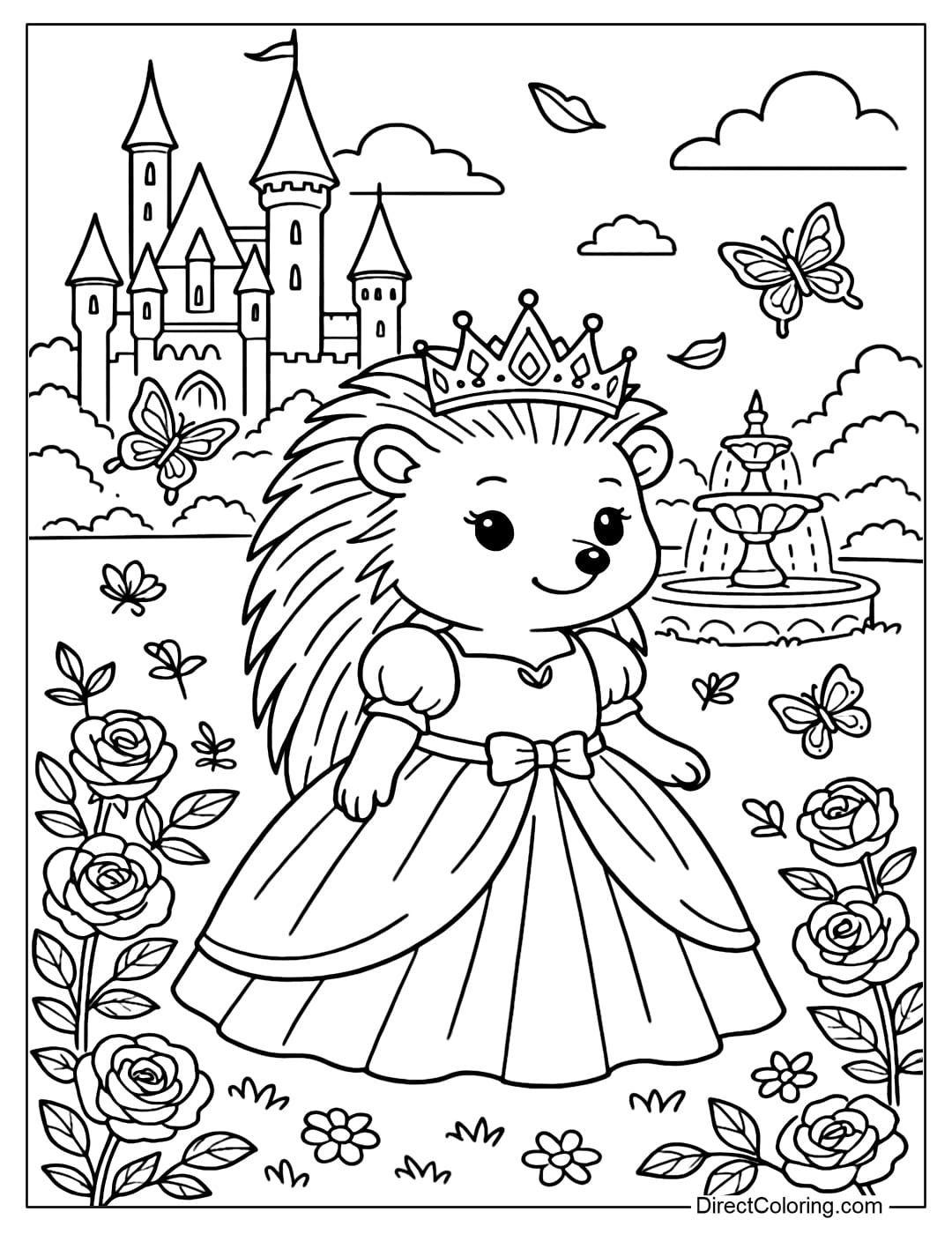 Princess Hedgehog Coloring Page Coloring page of a hedgehog wearing a crown and a gorgeous princess dress.