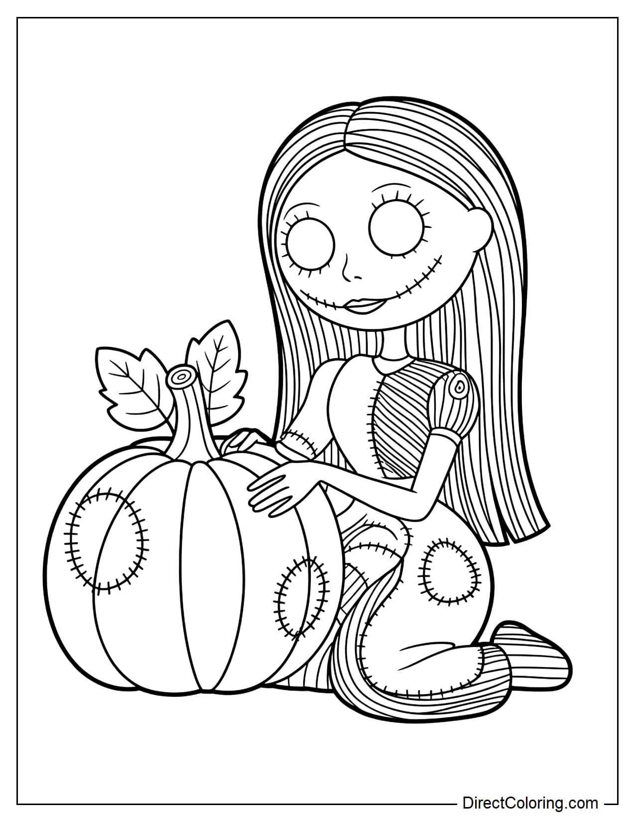 Sally sitting gently while hugging a large pumpkin decorated with a few simple stitched lines inspired by the patchwork style of her dress.