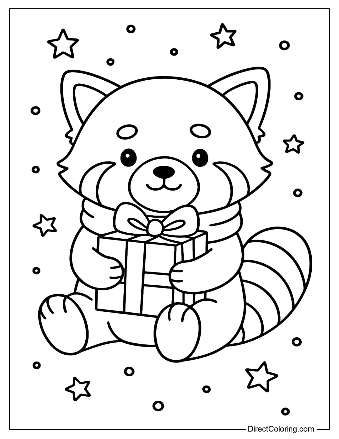 Coloring page of a red panda wrapped in a woolen scarf, hugging a square gift box with a big bow.