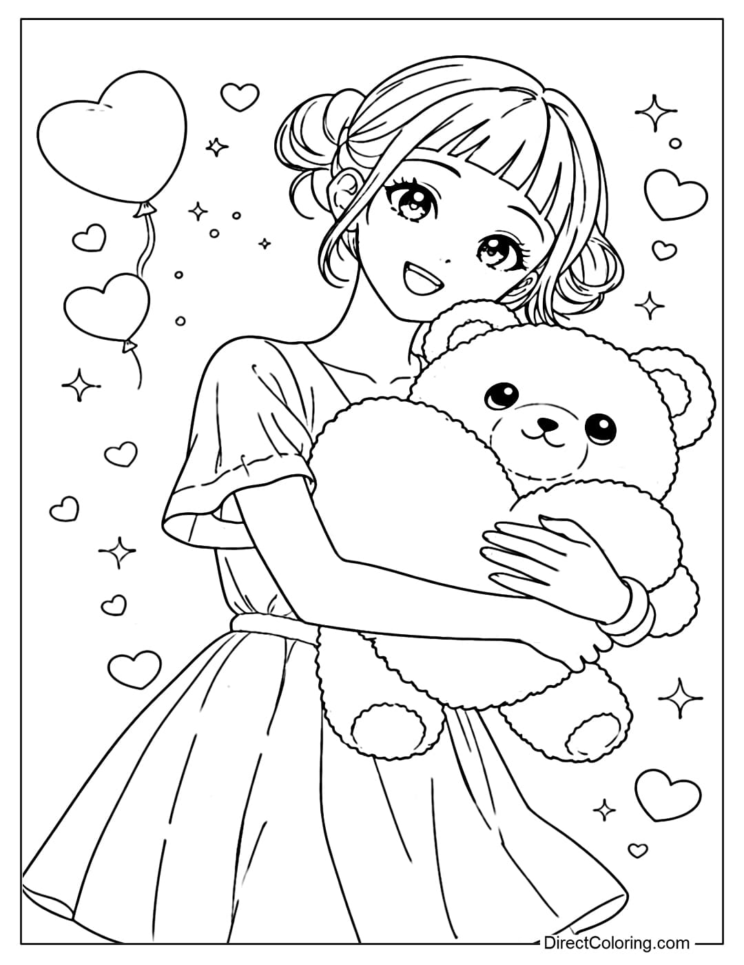 Kpop Demon Hunters Valentine coloring page: Adorable Zoey hugs a soft teddy bear, surrounded by hearts and glitter.