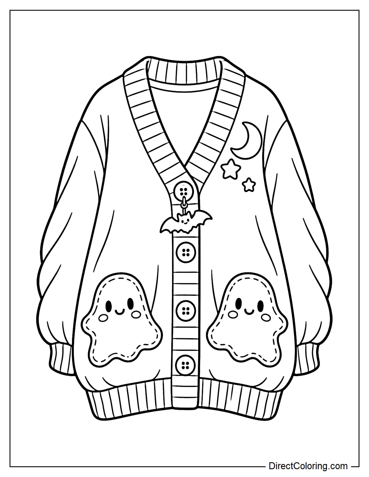 An oversized spooky-cute cardigan with slightly puffed sleeves, large buttons, two adorable ghost-shaped front pockets, and a small bat charm on the top button.