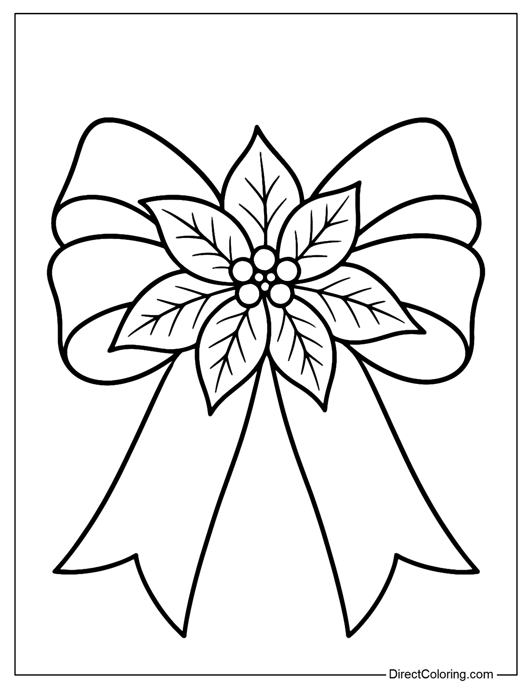 Christmas poinsettia bow coloring page with red bow layer, green bow layer, center flower layer.