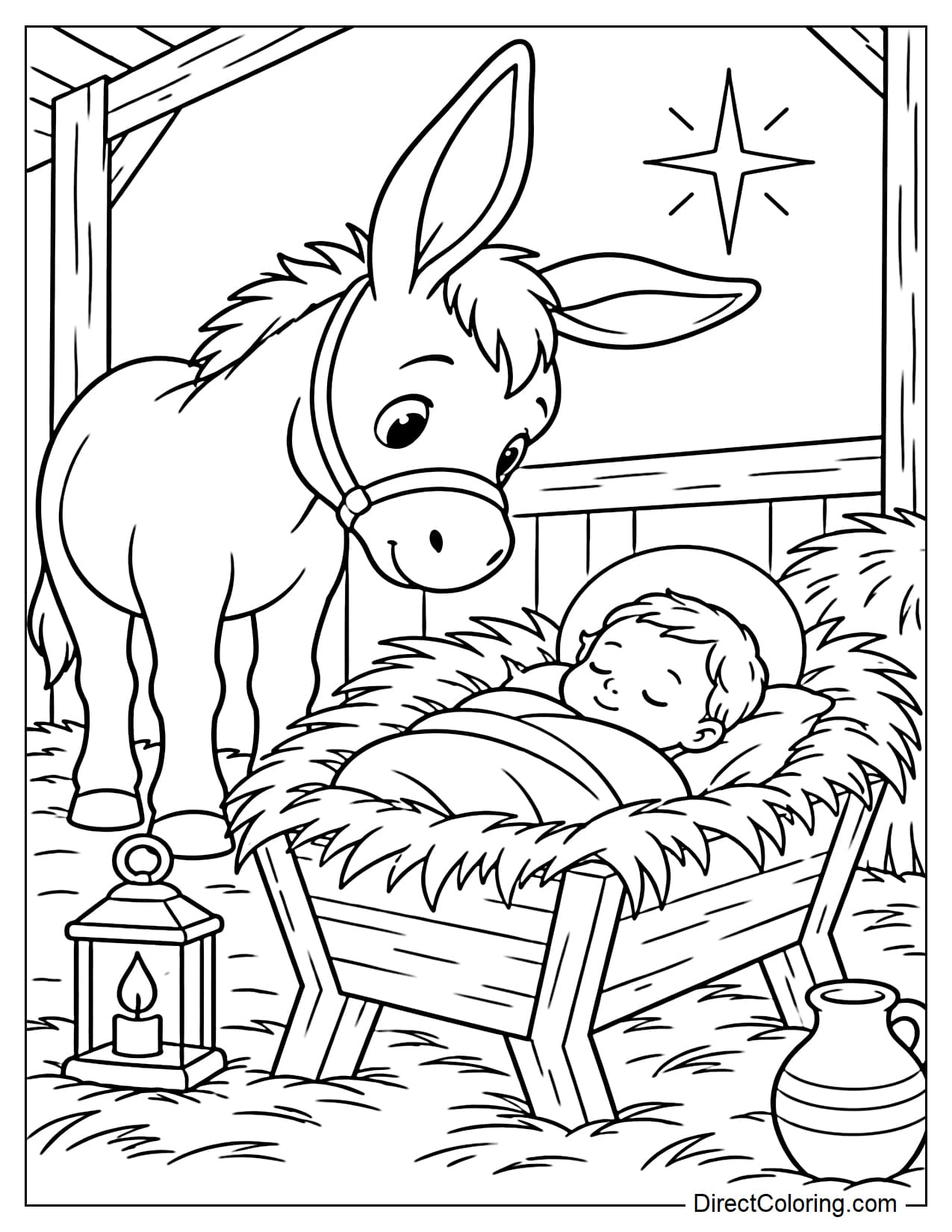 A cute donkey lowering its head to look into the manger where Baby Jesus is lying, with some straw and a small lantern nearby.