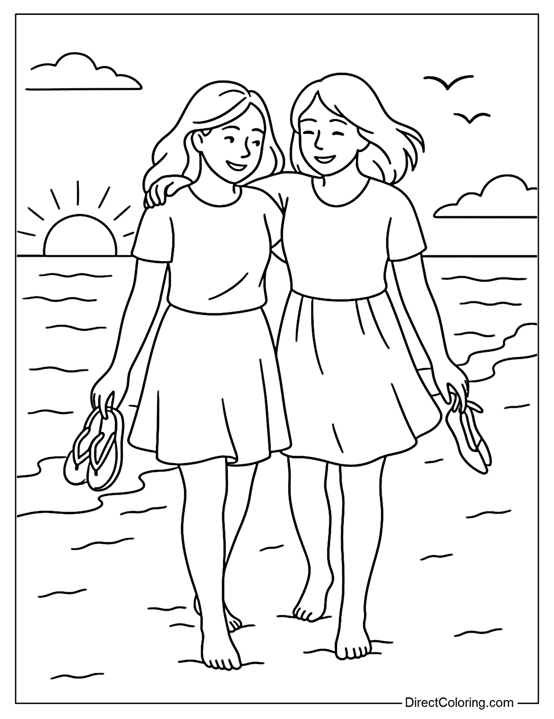 Coloring page of two young girls walking along the beach at sunset, one with her arm around the other's shoulder, the other holding a sandal.