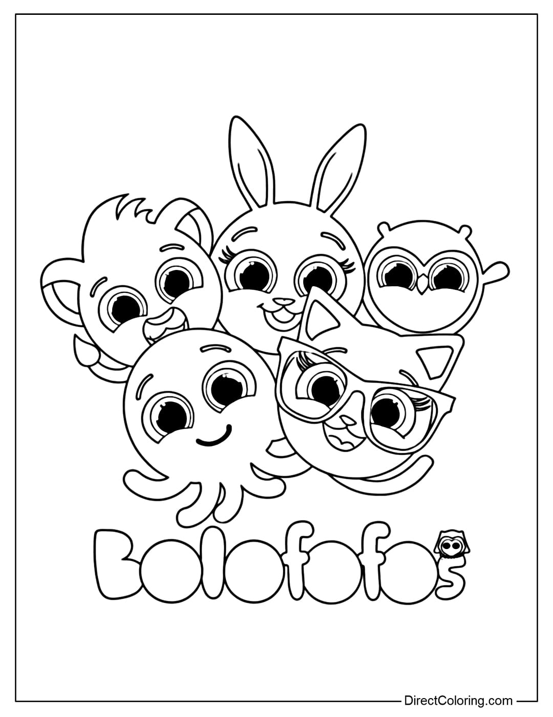 Coloring page of five Bolofofos characters: Rick, Pow, Sophie, Bunny, Pipi with logo.