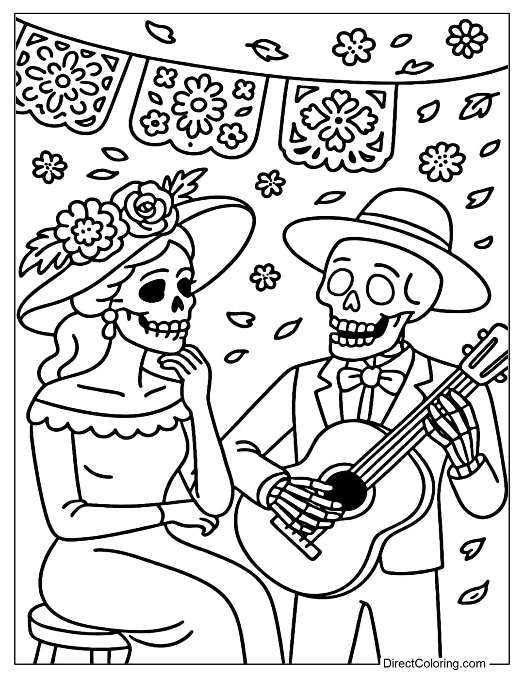 An elegant Catrina coloring page listening to a guitar-playing skeleton, surrounded by papel picado and flowers blowing in the wind.