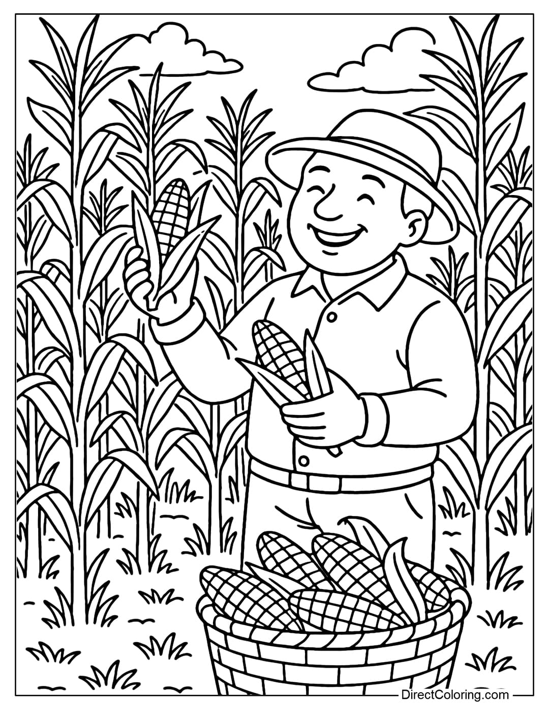 A yellow ripe cornfield coloring page, tall rows of corn with big ears, farmers laughing happily harvesting corn.