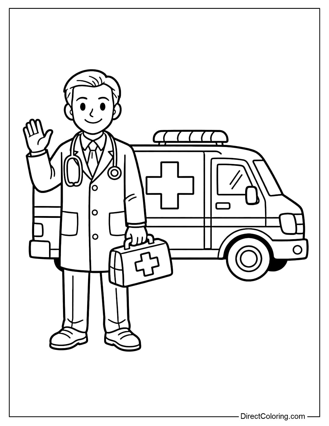 A coloring page of a doctor standing next to an ambulance, standing tall and confident, with a friendly smile and neat hair. One hand is raised slightly in a salute, the other is holding a small medical bag.