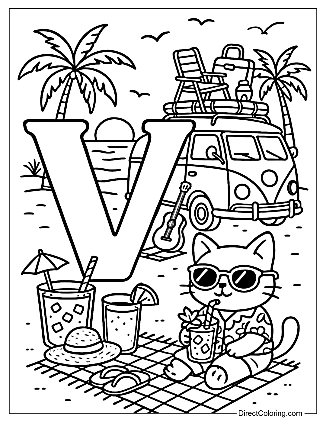 The letter V coloring page is placed next to a cute summer vacation van.