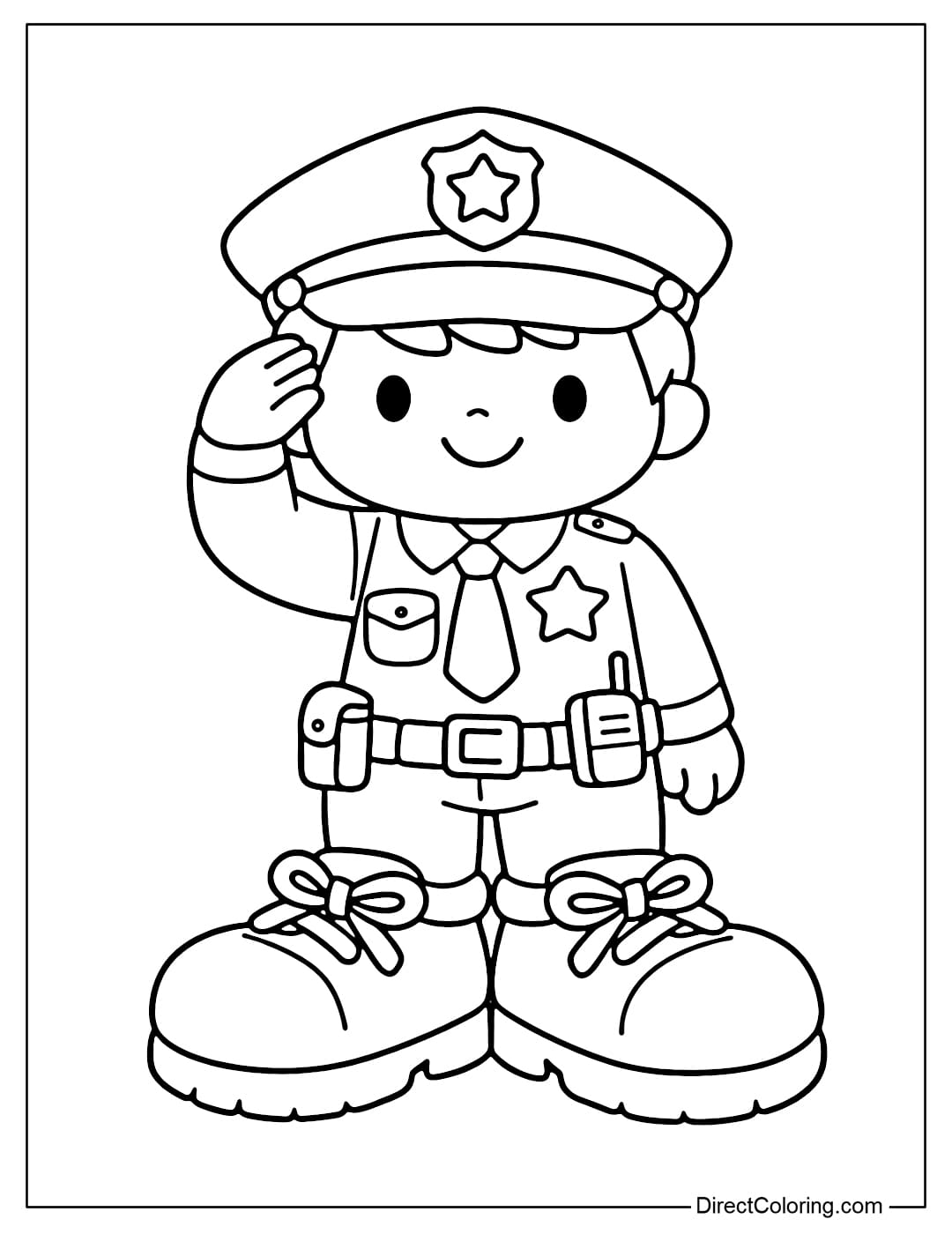 Coloring page of a police officer with cute, simple-looking big shoes.